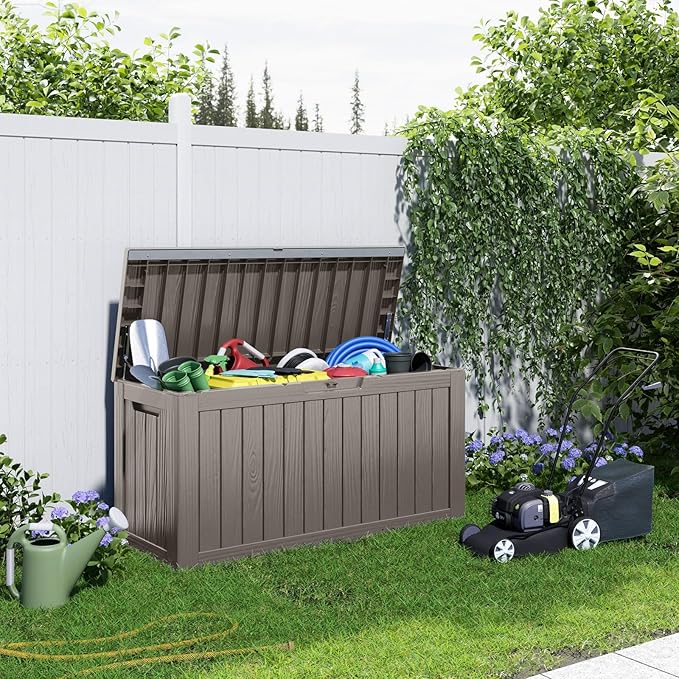 90 Gallon Resin Deck Box, Lockable Patio Outdoor Storage Box for Furniture, Garden Tools and Tools Storage, Waterproof Outside Storage Boxes - Grey - Image 6