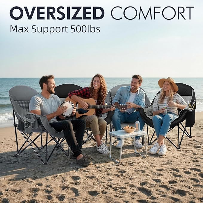 Oversized Camping Chair for Adults - Heavy Duty Outdoor Padded Large Lawn Camp Chair with Cup Holder Cooler Pockets for Sports Beach Fishing Garden Portable Supports 500lbs, Grey 2 Pack - Image 2