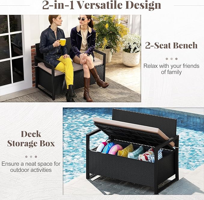 Tangkula 40 Gallon Outdoor Bench with Storage, Patio Wicker Storage Bench with Cushion, Cover, Metal Frame, Deck Box Seat for Backyard, Poolside, Balcony, Garden - Image 5