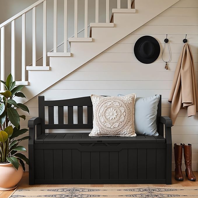 Greesum 80 Gallon Outdoor Storage Bench, Weather-Resistant Deck Box, Patio Furniture Bench for Backyard, Garden, Porch, Large Capacity Seat for Pillows Cushions Patio Accessories, Dark Black - Image 2