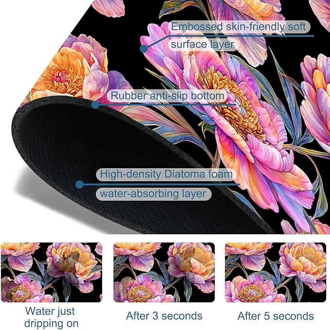 Colorful Peonies Sink Faucet Absorbing Mat Blooming Peonies Super Absorbent - Image 3