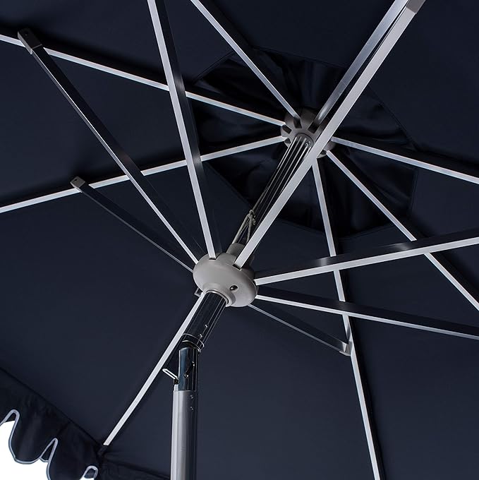 SAFAVIEH 9ft Outdoor Patio Umbrella, Round, Valance, White & Navy Trim, Auto Crank Tilt, UV Resistant for Deck, Backyard, Poolside (PAT8006G) - Image 4