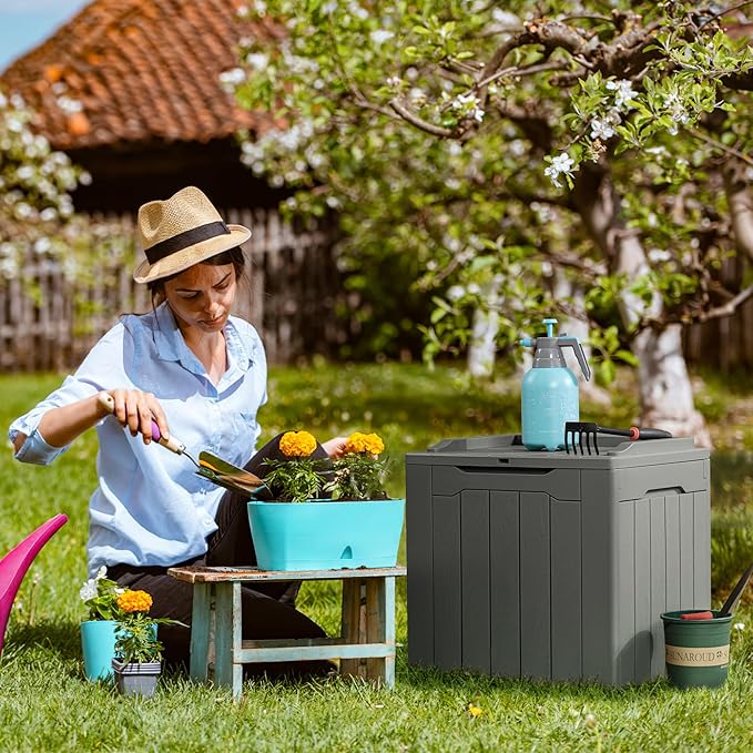 Flamaker Deck Box 31 Gallon Waterproof Resin Small Deck Box with Lid, Indoor Outdoor Package Delivery Box, Organization and Storage for Patio Furniture, Garden Tools, Outdoor Cushions (Grey) - Image 5