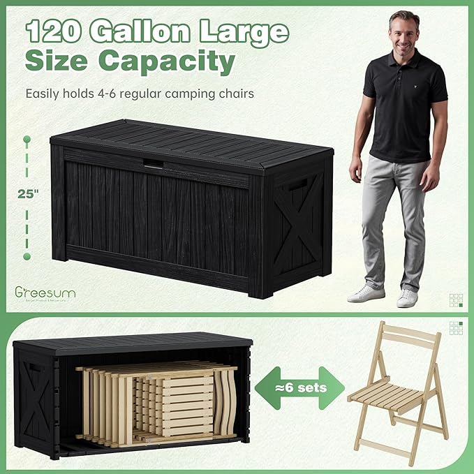 Greesum Outdoor Storage Box 120 Gallon Storage Bin with Lid for Patio Furniture, Garden Tools, Pool Supplies, Lockable, Waterproof and UV Resistant, Black - Image 5