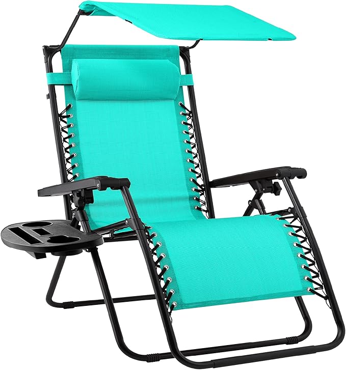 Best Choice Products Folding Zero Gravity Outdoor Recliner Patio Lounge Chair w/Adjustable Canopy Shade, Headrest, Side Accessory Tray, Textilene Mesh - Mint by BestChoiceProducts