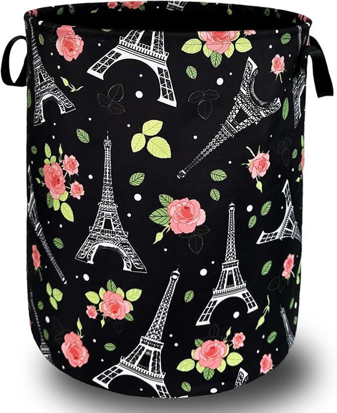 Retro Eiffel Tower Laundry Hamper Rose Flower Colorful Laundry Basket by SELIONLIKN