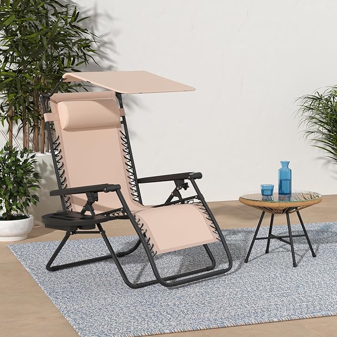 Best Choice Products Folding Zero Gravity Outdoor Recliner Patio Lounge Chair w/Adjustable Canopy Shade, Headrest, Side Accessory Tray, Textilene Mesh - Sand - Image 2