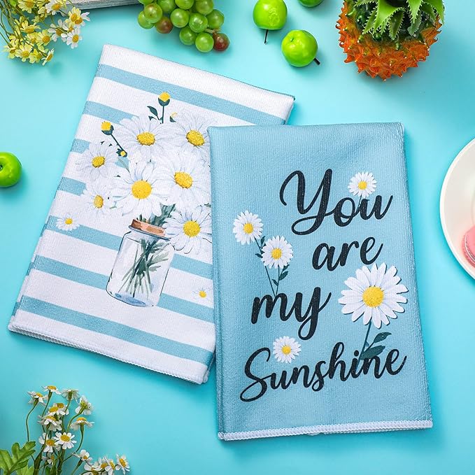 Boyiee Set of 6 Daisy Flower Kitchen Towels Daisy Stripes Tea Towels Floral - Image 3