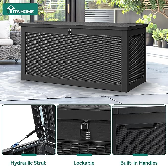 YITAHOME XXL 260 Gal Large Deck Box, Outdoor Resin Storage Box, Rattan Storage Container for Patio Furniture, Garden Tools, Waterproof, Lockable (Black) - Image 2