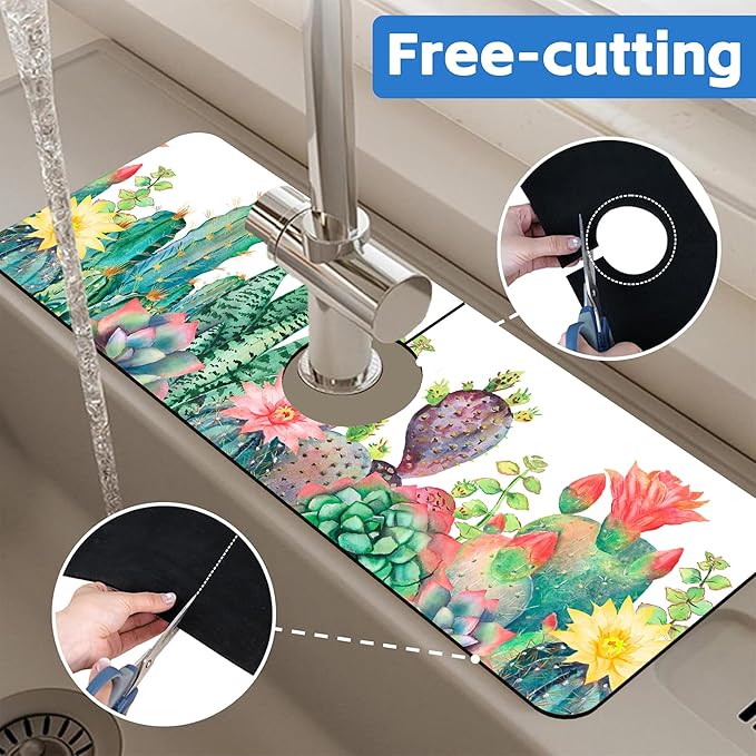 Watercolor Cactus Floral Sink Faucet Absorbing Mat Sink Splash Guard Faucet Mat - Image 7