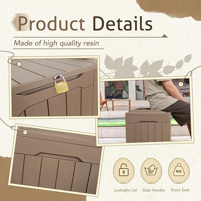 Flamaker 2 Pack Deck Box 31 Gallon Waterproof Resin Storage Box with Lid Indoor Outdoor Delivery Box Storage Bin for Patio Cushions (Light Brown) - Image 3