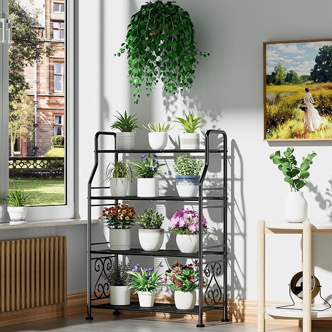 GIOTORENT Plant Stand Outdoor Indoor 4 Tier Metal Waterproof - 41.3" Plant Shelf for Patio, Balcony, Living Room, Large Capacity Tiered Plant Rack, Black - Image 2