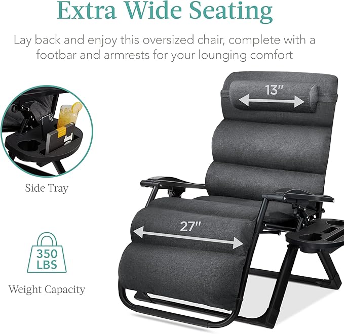 Best Choice Products Oversized Zero Gravity Chair, Folding Outdoor Patio Recliner, XL Anti Gravity Lounger w/Removable Cushion, Cup Holder, Side Tray, 350lb Capacity - Fossil Gray - Image 7