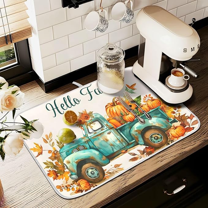 Vintage Fall Truck with Pumpkins Autumn Leaves Dish Drying Mat - Image 8