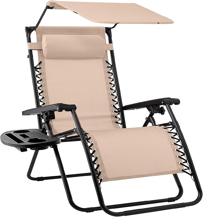 Best Choice Products Folding Zero Gravity Outdoor Recliner Patio Lounge Chair w/Adjustable Canopy Shade, Headrest, Side Accessory Tray, Textilene Mesh - Sand by BestChoiceProducts