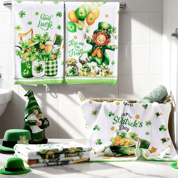 Breling Set of 6 St. Patrick's Day Kitchen Towels Shamrock Green Dish Towel - Image 3