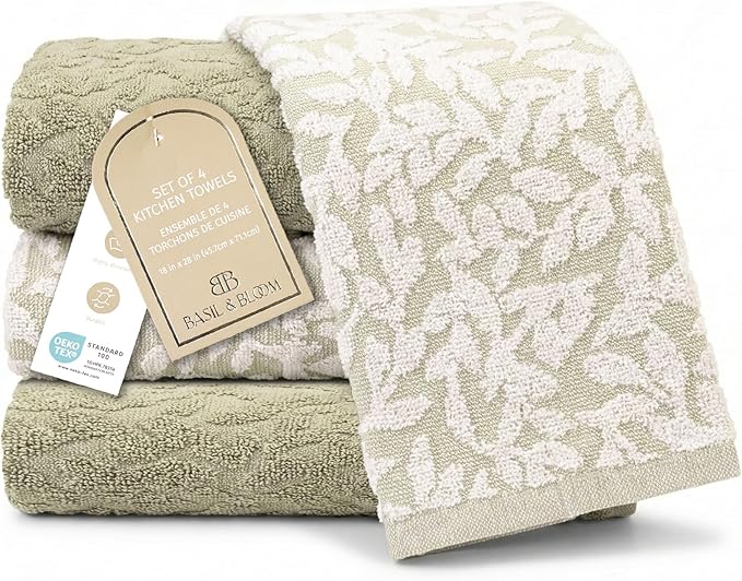 MosJos 4 Pack Hand Towels, Cotton Sage Green and White Floral Kitchen Towel by MosJos