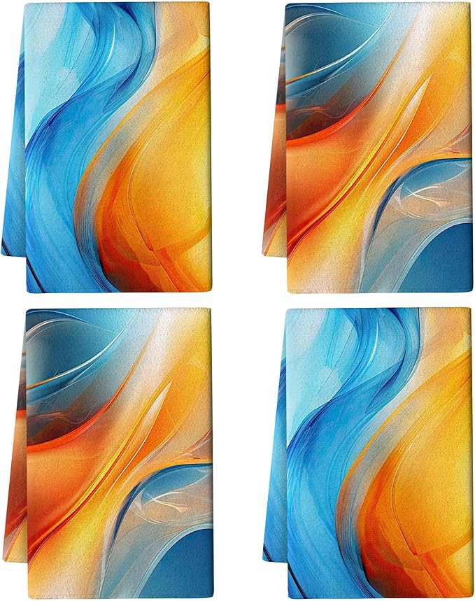 Orange Blue Kitchen Dish Towels Set of 4, Soft Absorbent Marble Decorative Tea by Unknown
