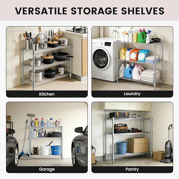 Xcity Storage Shelves, 3 Tier Heavy Duty Metal Shelving Unit, 1200 LBS Capacity Adjustable Steel Wire Shelf Organizer for Pantry, Kitchen, Garage, 14" D x 36" W x 36" H, Chrome - Image 7