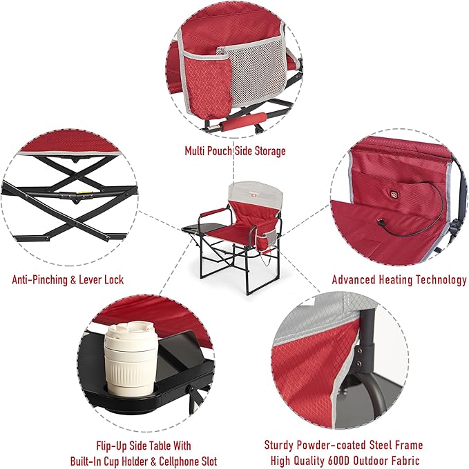 SUNNYFEEL Heated Camping Directors Chair, Heavy Duty,Oversized Portable Folding Chair with Side Table, Pocket for Beach, Fishing,Trip,Picnic,Lawn,Concert Outdoor Foldable Camp Chairs - Image 6