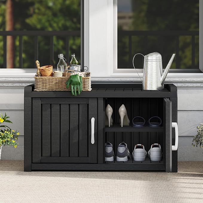 2-Tier Storage Bench, Waterproof UV-Resistant Outdoor Shoe Storage Cabinet with 2 Doors & Adjustable Shelves for Indoor Outdoor Entryway, Hallway, Living Room (Grey) - Image 8