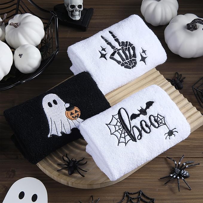 3 Pcs Halloween Hand Towels for Bathroom, Boo Ghost Black White Embroidered - Image 4