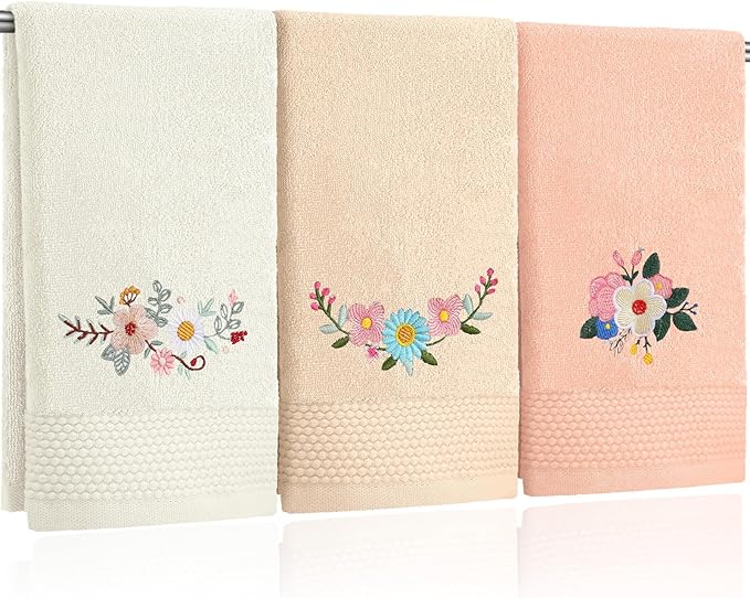 3 Pcs Boho Flowers Hand Towels Embroidered Modern Flowers Bathroom Decor 14x29 by Tingjoo