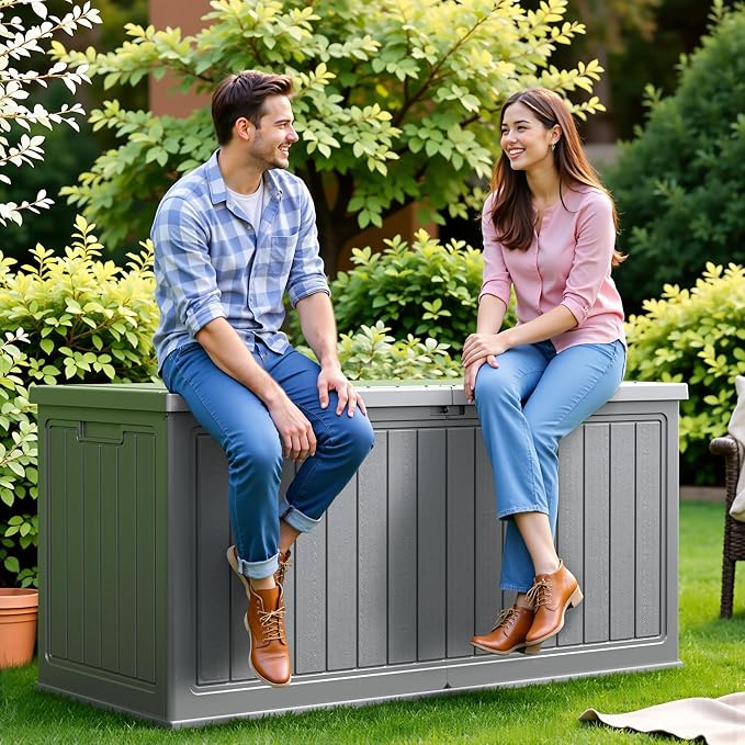Flamaker Resin Deck Box 270 Gallon, Waterproof Imitation-Wood Lockable Storage Box with Separator Plate Outdoor Indoor, Garden, Patio Furniture for Tools&Pool Accessories (Gray) - Image 8