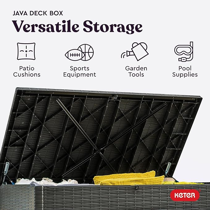 Keter Java XXL 230 Gallon Resin Rattan Look Large Outdoor Storage Deck Box for Patio Furniture Cushions, Pool Toys, and Garden Tools, Dark Grey - Image 4