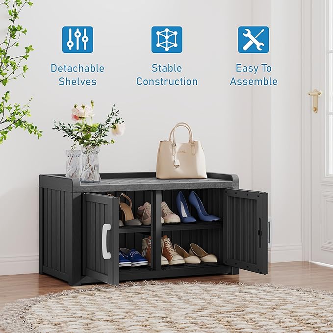 2-Tier Storage Bench, Waterproof UV-Resistant Outdoor Shoe Storage Cabinet with 2 Doors & Adjustable Shelves for Indoor Outdoor Entryway, Hallway, Living Room (Grey) - Image 7