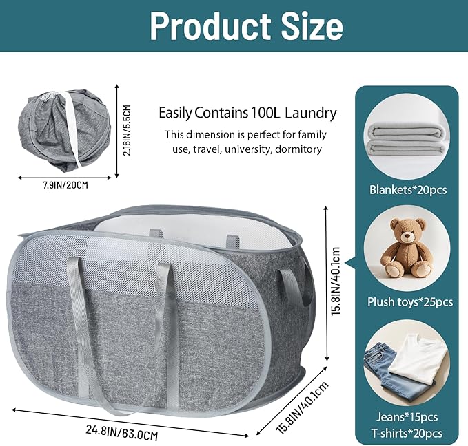 100L Collapsible Laundry Baskets, Tear Proof Pop Up Laundry Hamper - Image 4