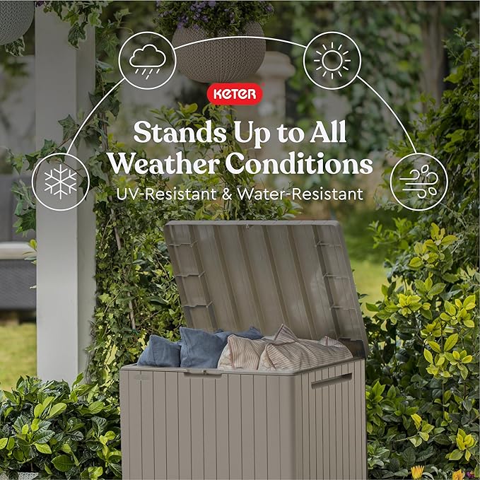 Keter City 30 Gallon Resin Outdoor Storage Box & Patio Side Table for Balcony, Pool, Deck & Garden Accessories, Weather‑Resistant, Beige - Image 3