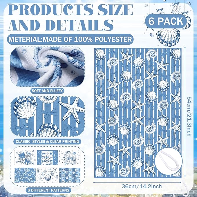Breling Set of 6 Coastal Beach Kitchen Towels Blue Bow Dish Towel Bathroom - Image 2