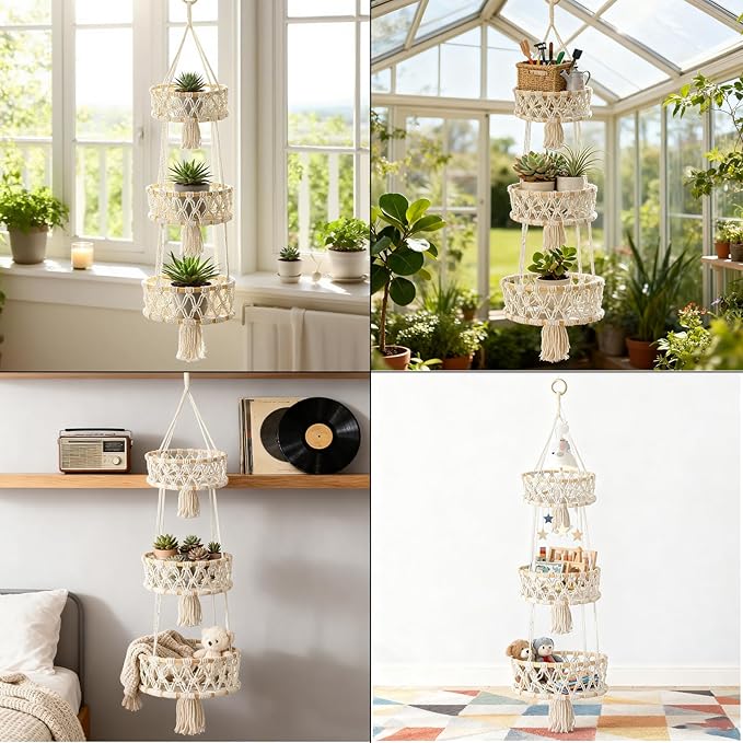 3 Tier Hanging Fruit Basket, Macrame Hanging Basket - Image 5