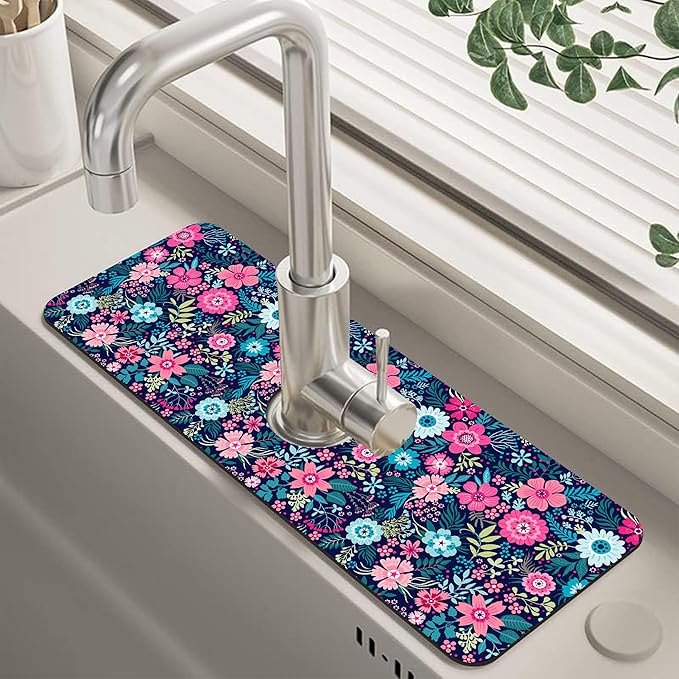 Modern Blue and Pink Floral Sink Faucet Absorbing Mat Sink Splash Guard Faucet by Unknown