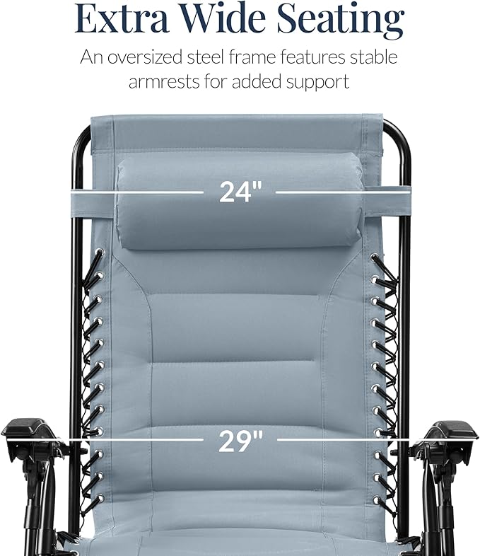 Best Choice Products Oversized Padded Zero Gravity Chair, Folding Outdoor Patio Recliner, XL Anti Gravity Lounger for Backyard w/Headrest, Cup Holder, Side Tray, Polyester Mesh - Breeze Blue - Image 3
