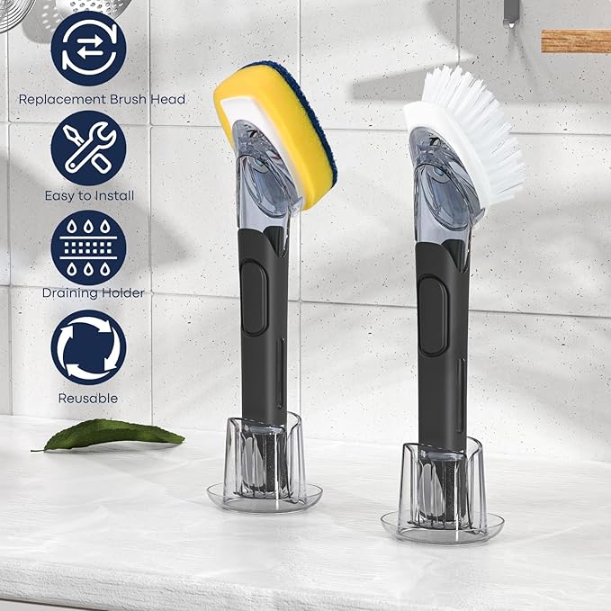 RIMAY Dish Brush with Soap Dispenser Storage Set with 2 PCS Brush Refills & - Image 6