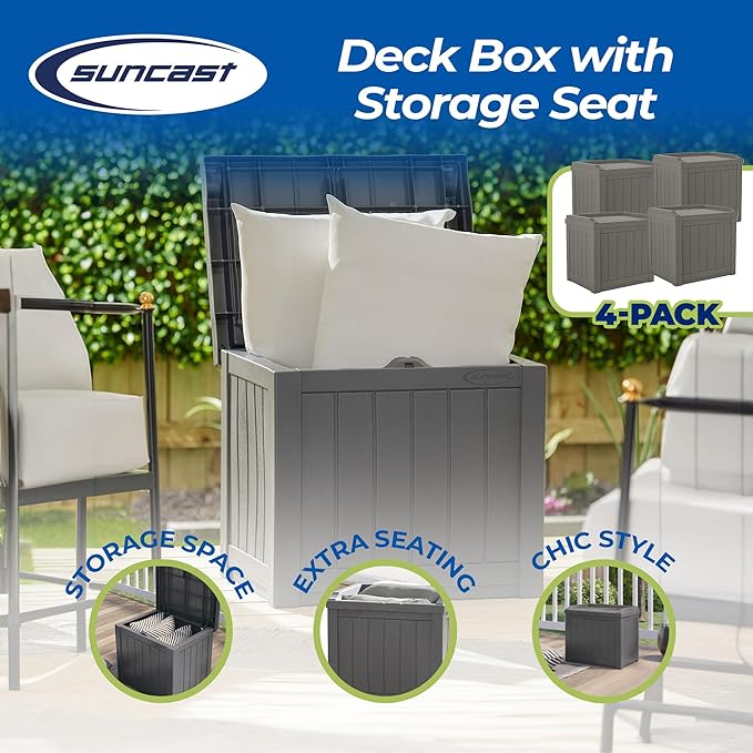 Suncast 22 Gallon Indoor or Outdoor Backyard Patio Small Storage Deck Box with Attractive Bench Seat and Reinforced Lid, Stone (4 Pack) - Image 2