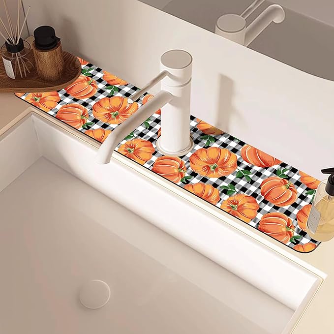 Thanksgiving Pumpkin Kitchen Sink Splash Guard Mat Buffalo Plaid Absorbent Fast - Image 2