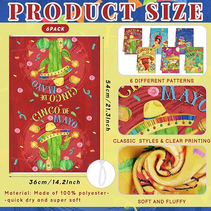 Breling Set of 6 Mexican Kitchen Towels Fiesta Taco Cactus Chili Dish Towel - Image 3