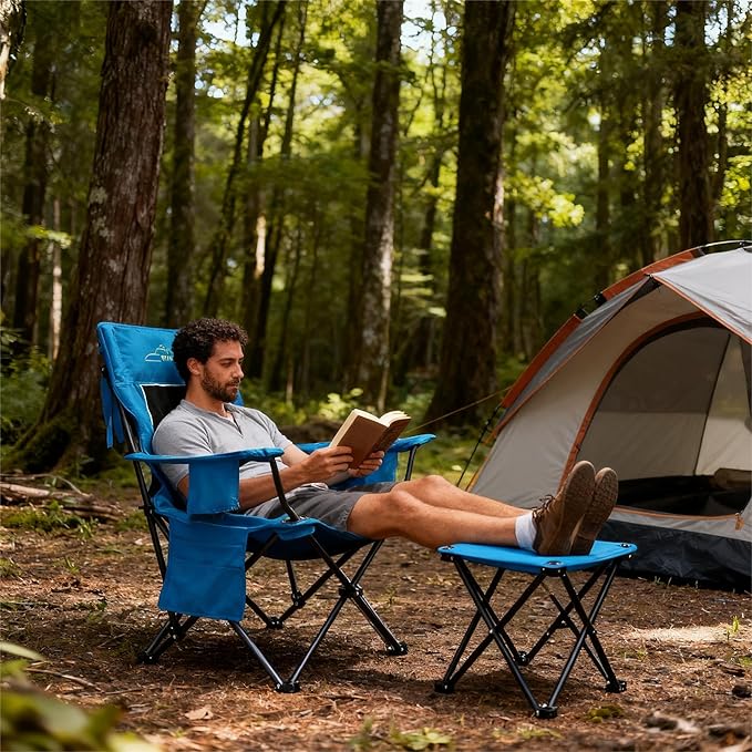 FAIR WIND Oversized Padded Camping Chair with Footrest Stool Heavy Duty Cooler Bag Chair for Fishing, Tailgating, Sports Games, Backyard - Support 300 LBS Blue - Image 2