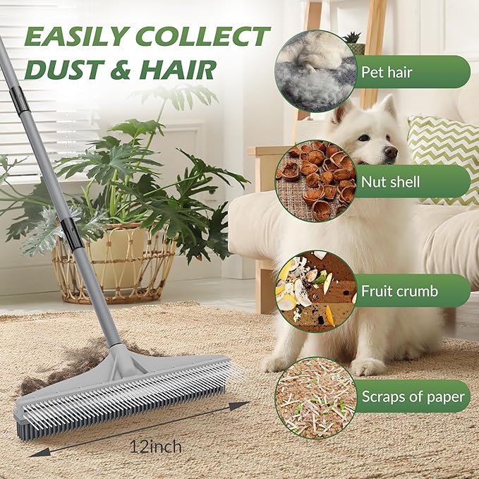 Walensee Rubber Broom, 2 in 1 Rubber Broom and Nylon Carpet Rake Brush - Image 3