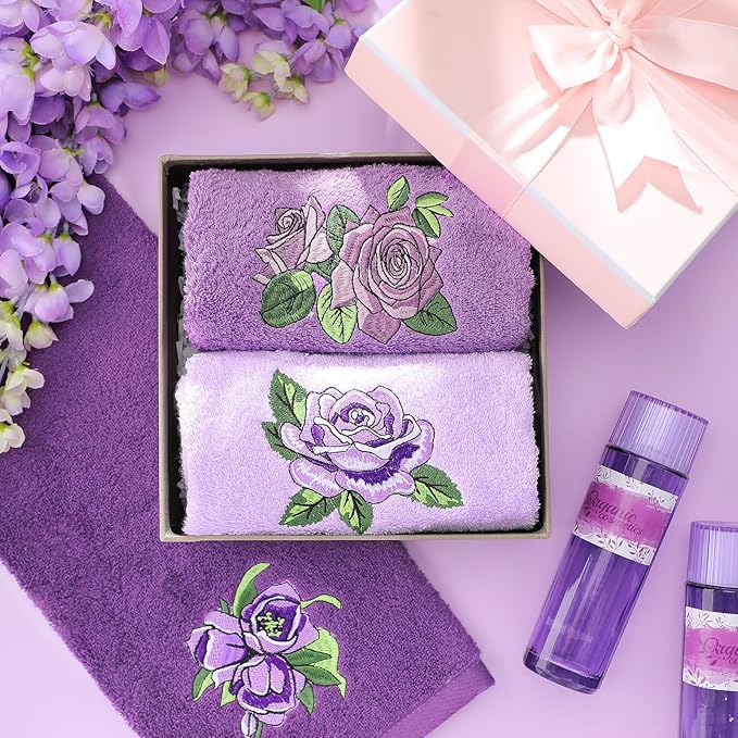 3 Pcs Purple Rose Hand Towels Lavender Purple Bathroom Decor Embroidered Floral - Image 5
