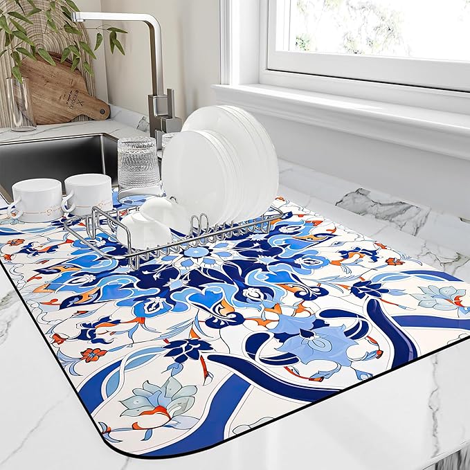 Dish Drying Mat Mandala Blue Floral Kitchen Mat 12"x19" Bsorbent Coffee Maker by Unknown