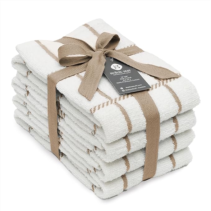 100% Cotton Terry Dish Towels, 4 Pack Checks, 16 x26 Inches, Super Soft and by Ecotribe