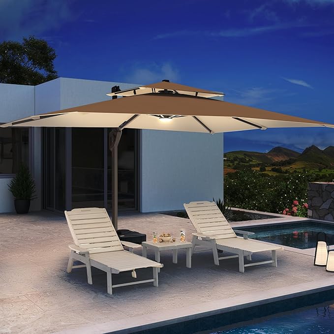 10 X 13 FT Cantilever Patio Umbrella with Led Lights and Base Included Outdoor Heavy Duty Double Top Rectangle Offset Umbrellas with 360-degree Rotation for Pool Deck Backyard, Beige - Image 3