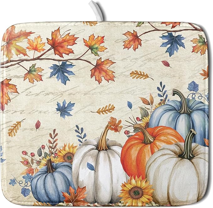 Fall Pumpkin Dish Drying Mat for Kitchen Counter 16x18 Inch Vintage Autumn by Kawani