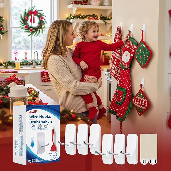 TAILI Hooks for Hanging, 6 Wire Sticky Hooks and 8 Adhesive Strips, No Damage - Image 3