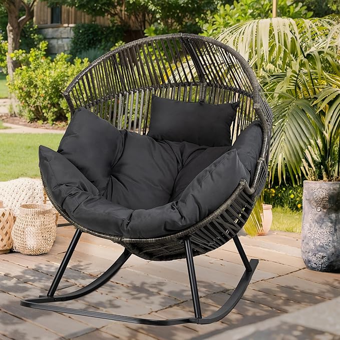 Vongrasig Wicker Rocking Egg Chair PE Rattan with Cushion, Oversized Patio Lounge Rocker Chair for Outdoor, Indoor, Balcony, Backyard, Garden, Black/Rattan - Image 3