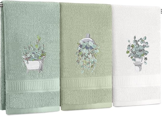 3 Pcs Eucalyptus Hand Towels Farmhouse Embroidered Botanical Bathroom Decor by FuWeave